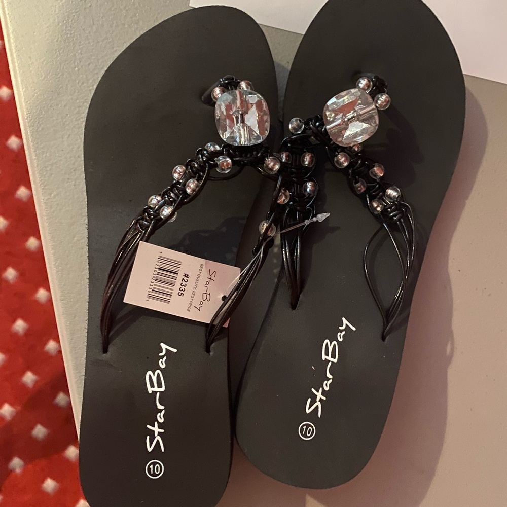 Ladies wedge sandals black rhinestone flip flop - Picture 2 of 5